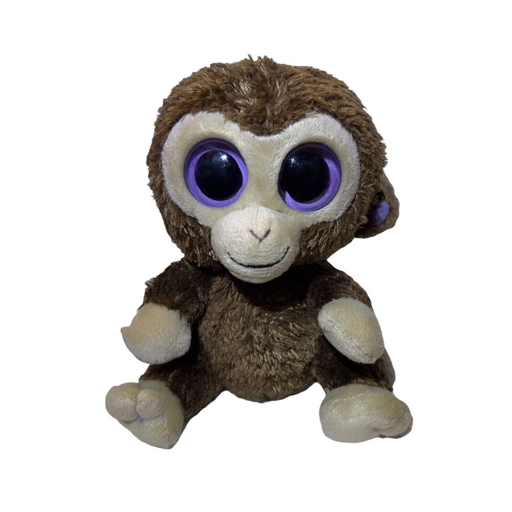 Beanie Boos TY -COCONUT 6” Brown Monkey Plush Big Purple Glittery Eyes